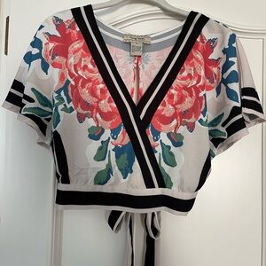 Flying Tomato Crop Floral Wrap Top - Black, Red, Green